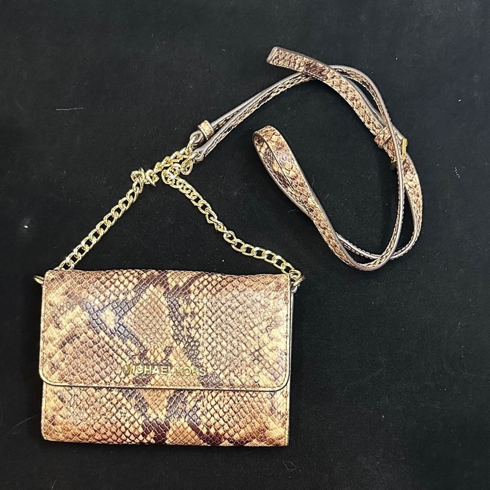 Michael Kors Tan Snake Print Crossbody Bag with Gold Chain